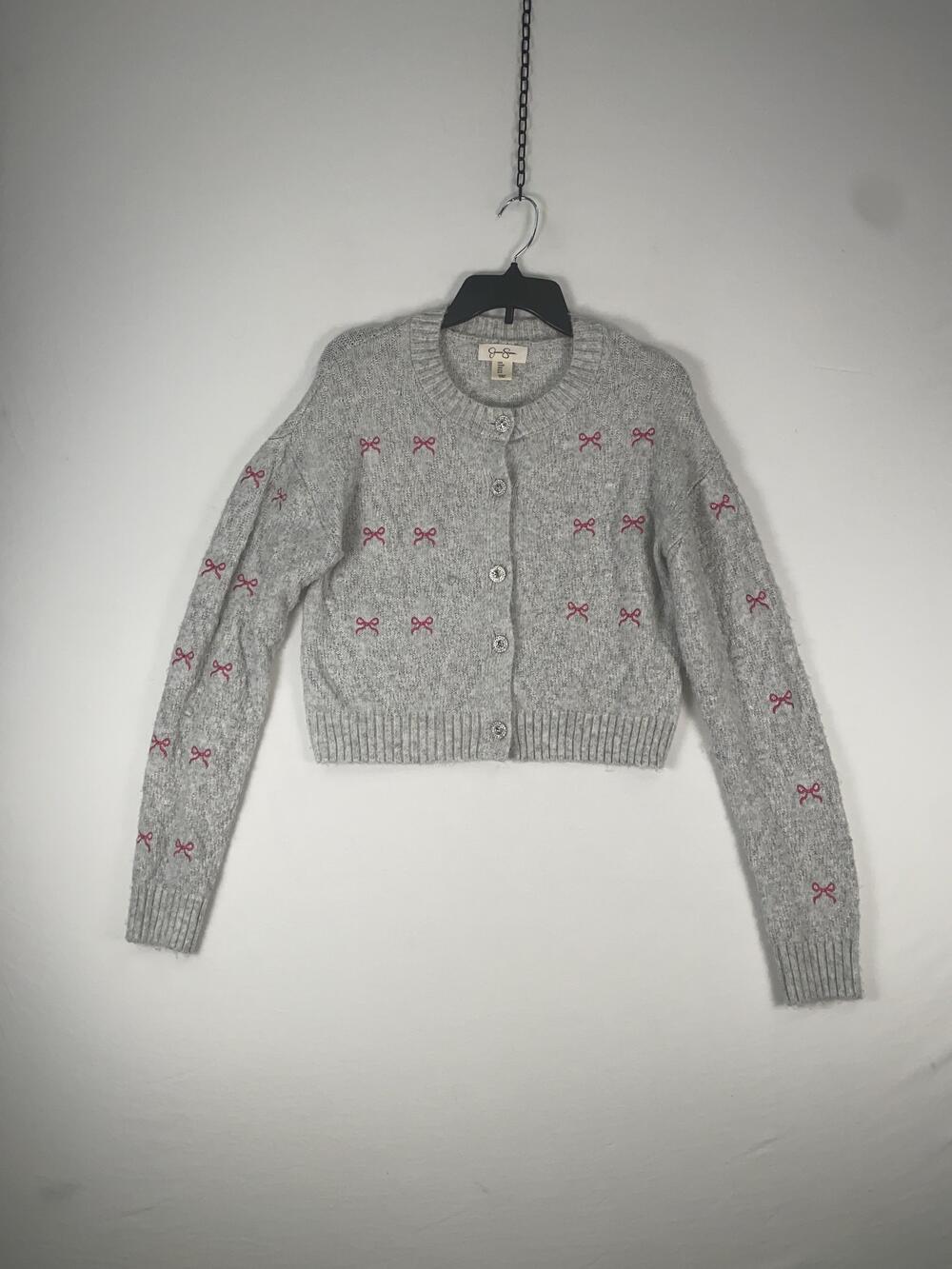 Jessica Simpson Cardigan Sweater Womens Small Gray Bow Embroidered Button Knit